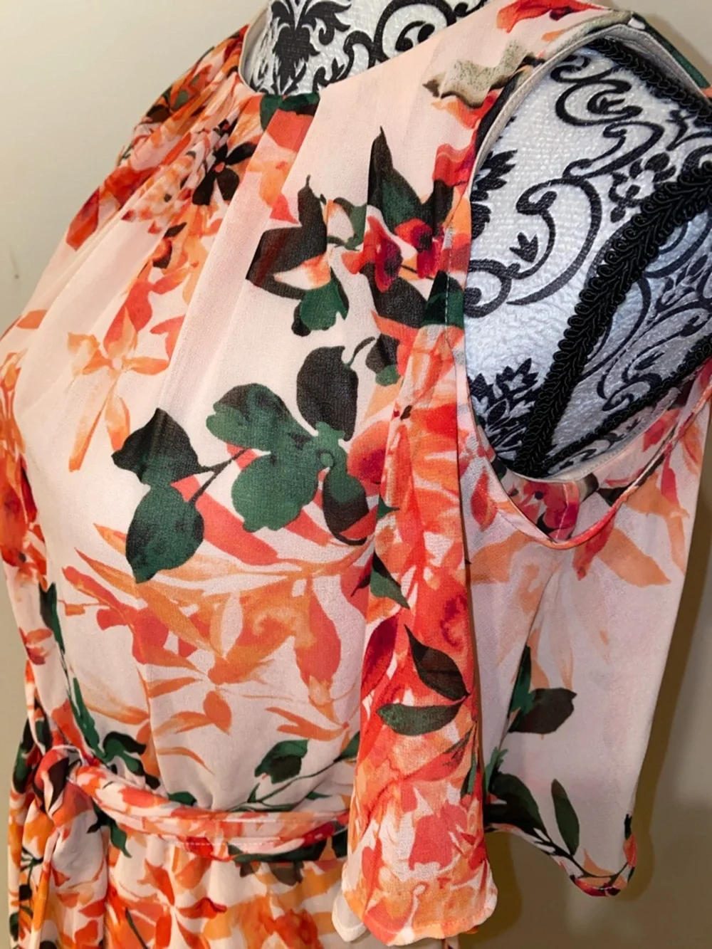 Calvin Klein Irmina Peach-Pink Floral Cold-Shoulder Belted Mini Dress Size 2 - Picture 8 of 16